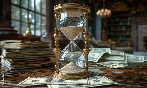 Temporal essence: hourglass, symbolizing the swift passage of time, conveying the notion that time is money, and highlighting the critical importance of valuing and making the most of our time. photo