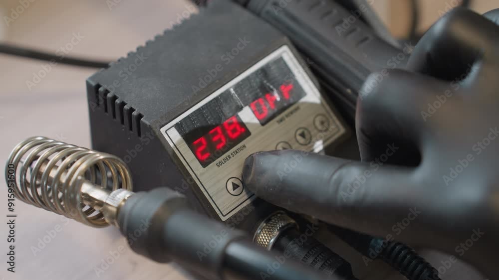 Close view of a gloved hand adjusting the digital temperature control on a soldering station, changing the temperature from 242 degrees to 238 degrees Close view of a gloved hand adjusting the digital temperature control on a soldering station, changing the temperature from 242 degrees to 238 degrees