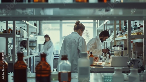 chemists in white coats in a modern laboratory taking test samples