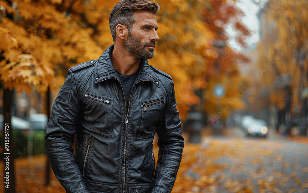 Obraz premium A man in a black leather jacket stands in front of a tree with yellow leaves. Concept of style and confidence, as the man is dressed in a fashionable leather jacket
