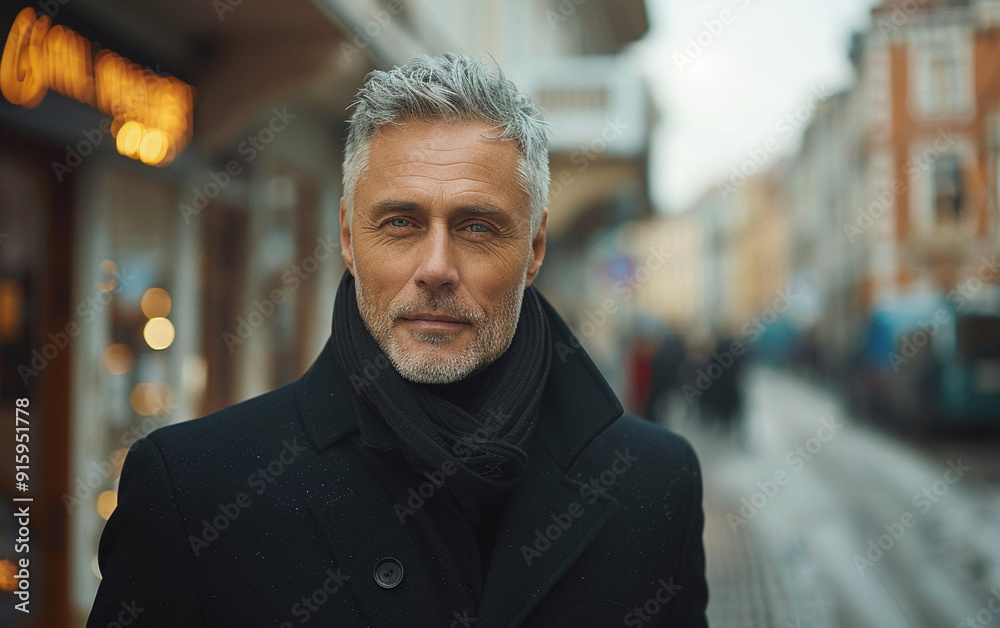 A man with a beard and gray hair is standing on a street wearing a black coat and scarf A man with a beard and gray hair is standing on a street wearing a black coat and scarf