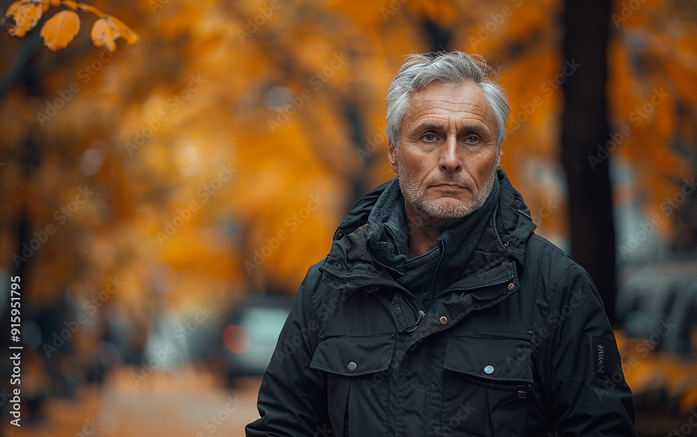 A man wearing a black coat and scarf stands in front of a tree with orange leaves. He looks serious and focused A man wearing a black coat and scarf stands in front of a tree with orange leaves. He looks serious and focused