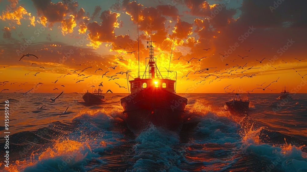 Fototapeta premium Showcase the resilience of coastal communities, where fishermen brave turbulent seas to bring in their daily catch under the arc of a rising sun.