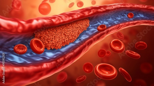 3D medical illustration of a blood clot forming inside an artery, surrounded by red blood cells, highlighting the dangers of thrombosis photo