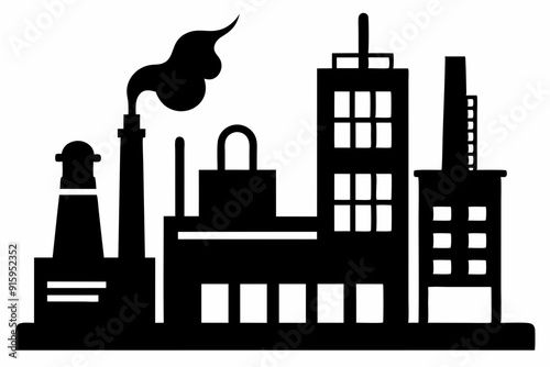 Factory building silhouette vector illustration, factory icon, environmental pollution
