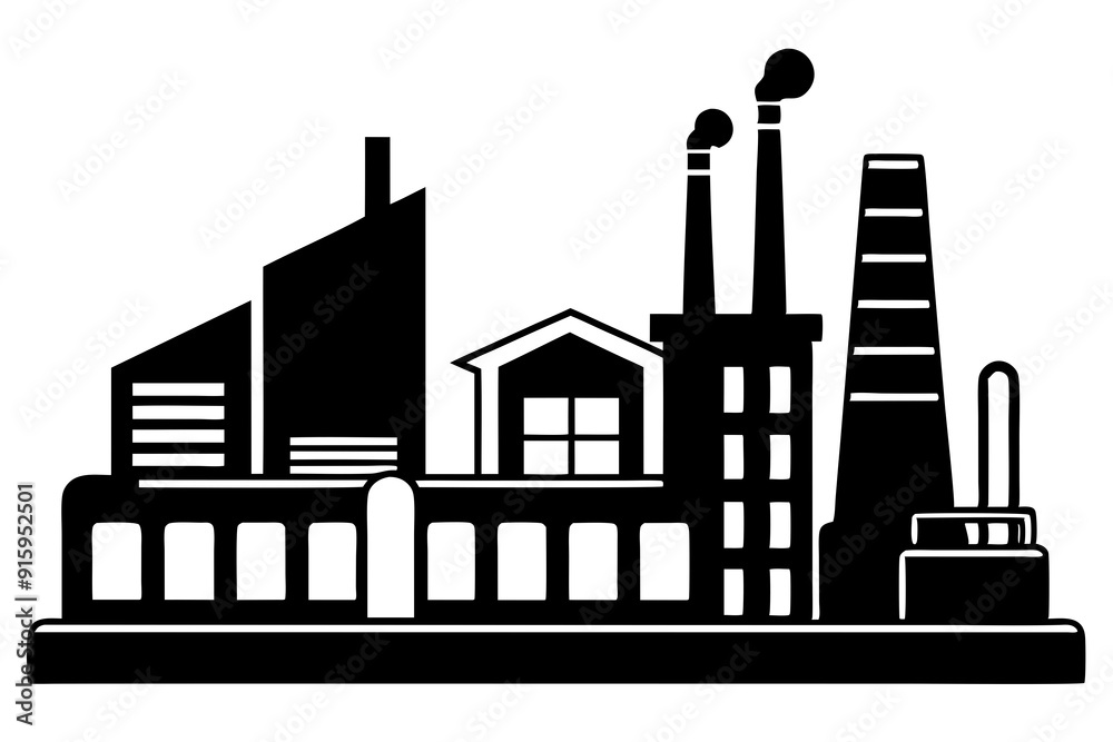 Obraz premium Factory building silhouette vector illustration, factory icon, environmental pollution