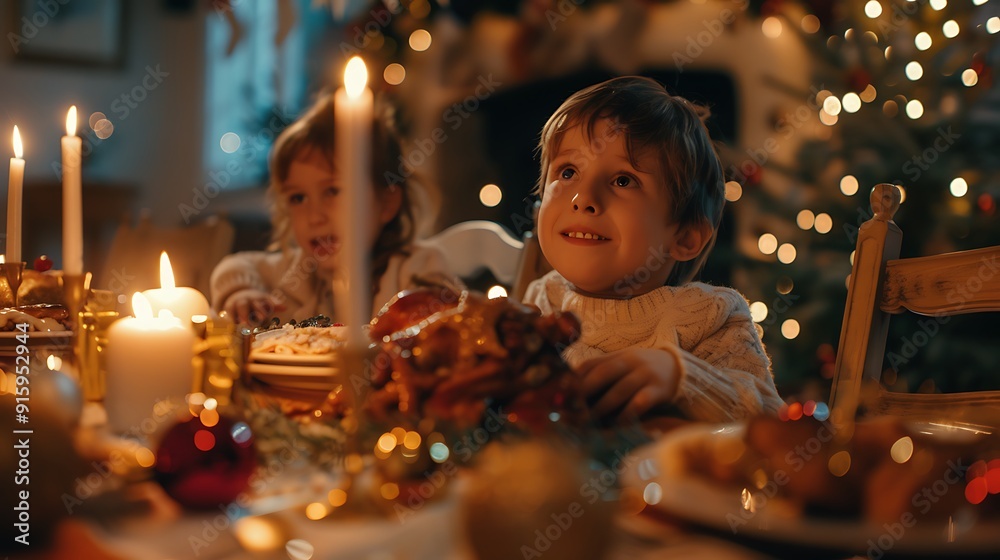 happy family dinner at Christmas waiting to open the children's gifts happy family dinner at Christmas waiting to open the children's gifts
