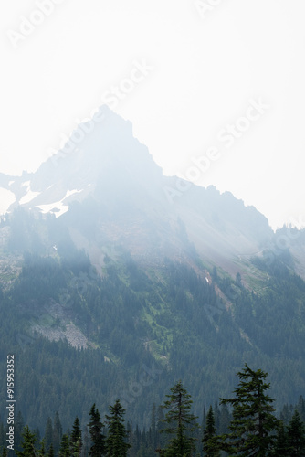 Smoke pollution over the Tatoosh Mountain Range from wildfires, viewed from paradise area of Mount Rainier National Park, poor summer air quality
 photo