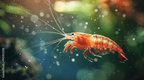 Wallpaper Mural A vibrant shrimp swimming gracefully in an underwater scene filled with bubbles. Torontodigital.ca