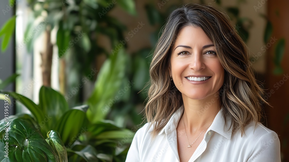 Close-up of a professional woman in business casual, engaging smile, indoor plant backdrop, soft focus Close-up of a professional woman in business casual, engaging smile, indoor plant backdrop, soft focus