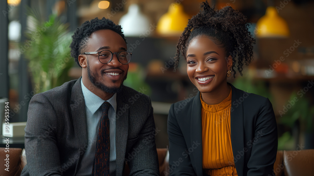 senior black couple relaxing in a mordern luxury apartment living room, wearing suit attire, happy and smiling,generative ai senior black couple relaxing in a mordern luxury apartment living room, wearing suit attire, happy and smiling,generative ai