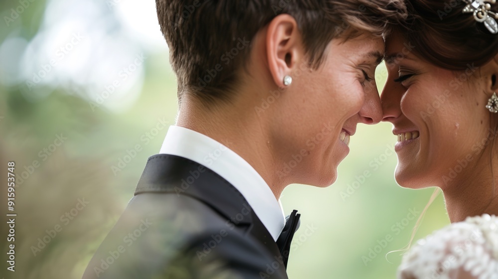 Joyful Celebration of Love: LGBT Couple in Wedding Attire Embracing Commitment and Happiness Joyful Celebration of Love: LGBT Couple in Wedding Attire Embracing Commitment and Happiness