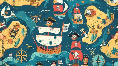 A playful illustration of a treasure map with pirate ships, islands, and hidden treasures