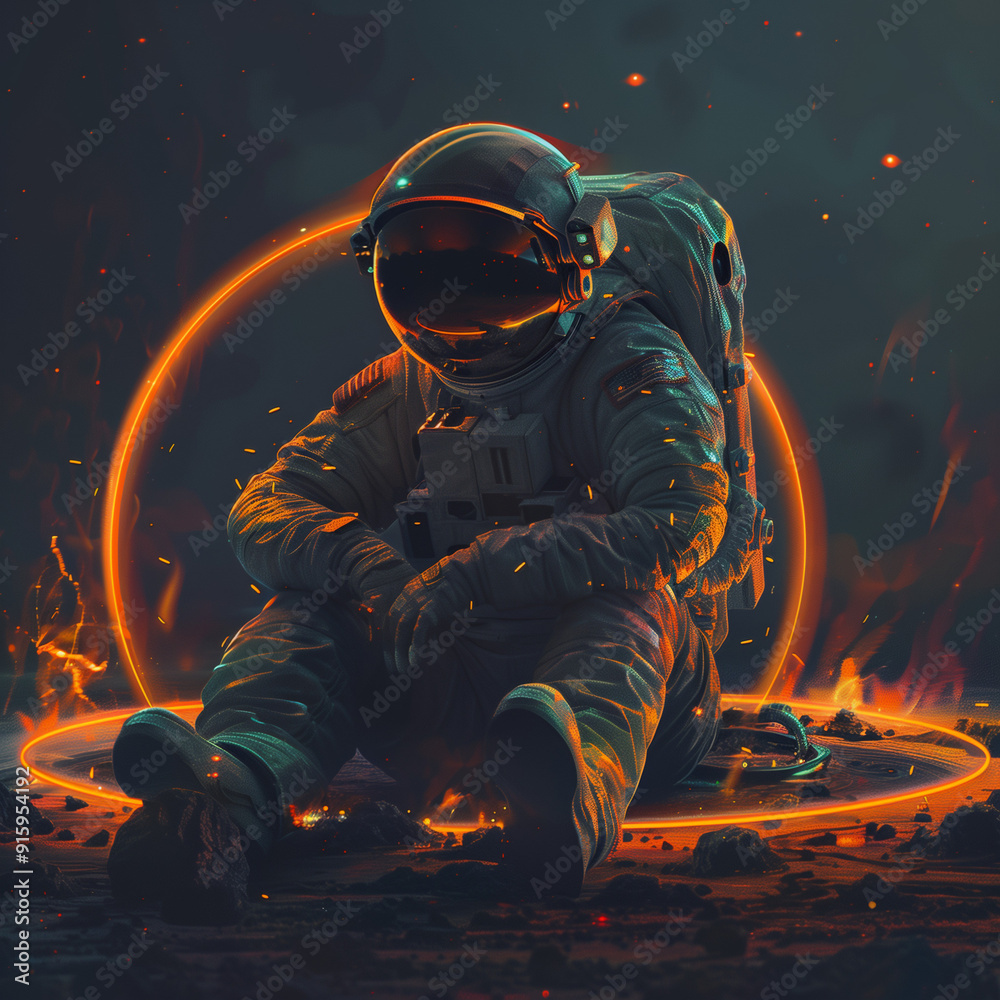 An astronaut sitting amidst a fiery landscape, surrounded by glowing elements. An astronaut sitting amidst a fiery landscape, surrounded by glowing elements.