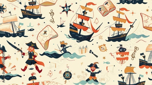 A vibrant pattern showcases pirates, ships, and treasure maps, creating a playful atmosphere of adventure and exploration