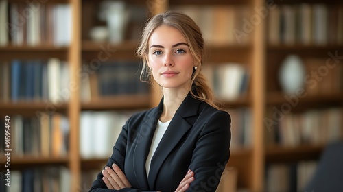 Wallpaper Mural Confident female lawyer portrait, elegant suit, light-filled office, bookshelf in the background, professional and sharp Torontodigital.ca