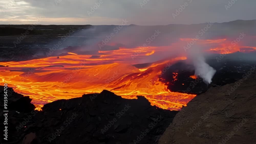 Fiery orange lava pouring and flowing over a rocky ledge creating a dramatic contrast between the vibrant colors and dark ashy landscape.