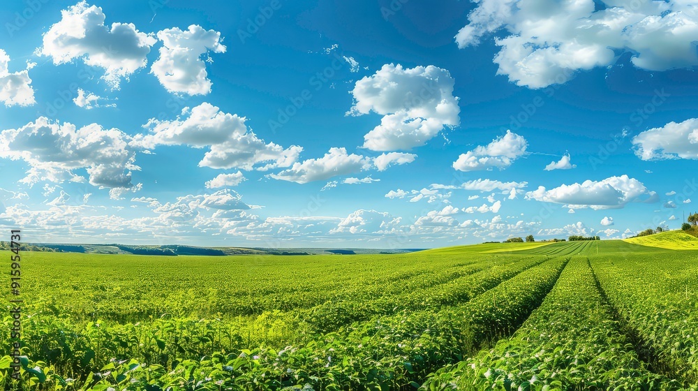 A vast green field stretches out beneath a bright blue sky dotted with fluffy white clouds, creating a picturesque scene of natural beauty. A vast green field stretches out beneath a bright blue sky dotted with fluffy white clouds, creating a picturesque scene of natural beauty.