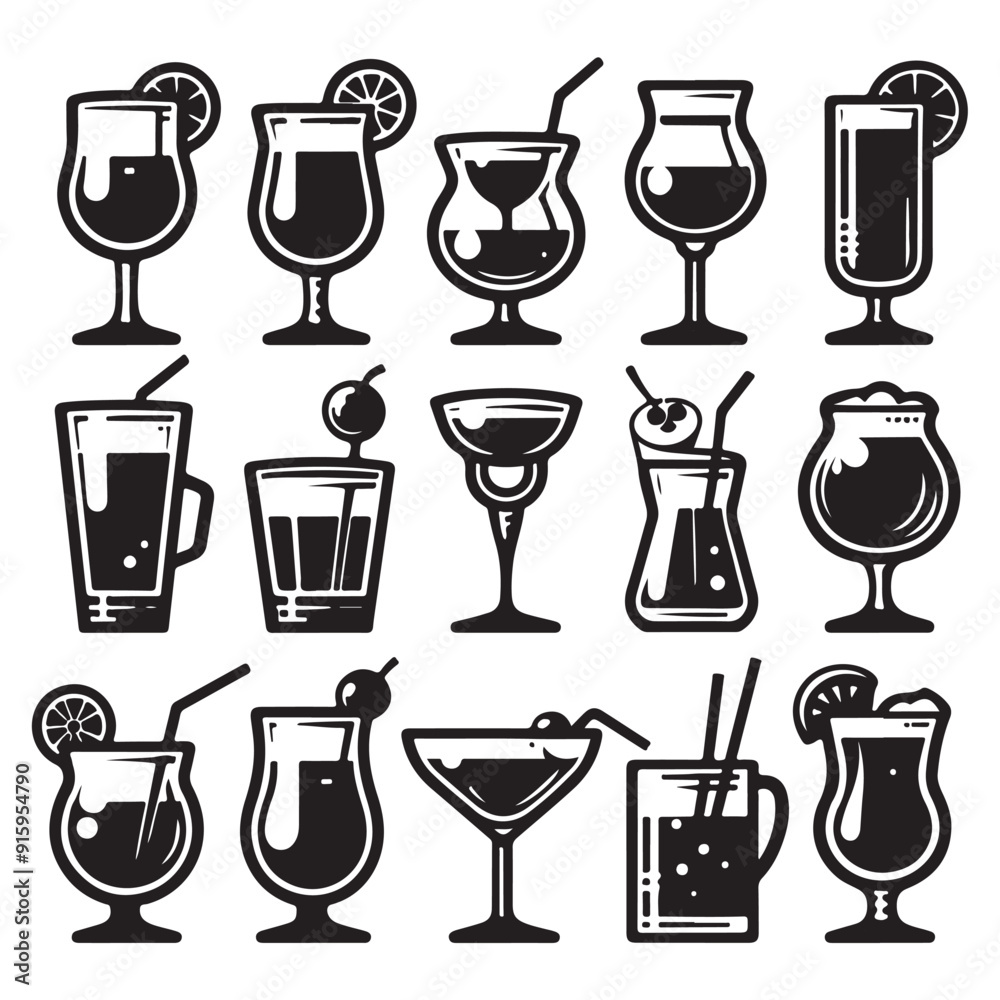 Set of icons of various black drink glasses image with white background Set of icons of various black drink glasses image with white background