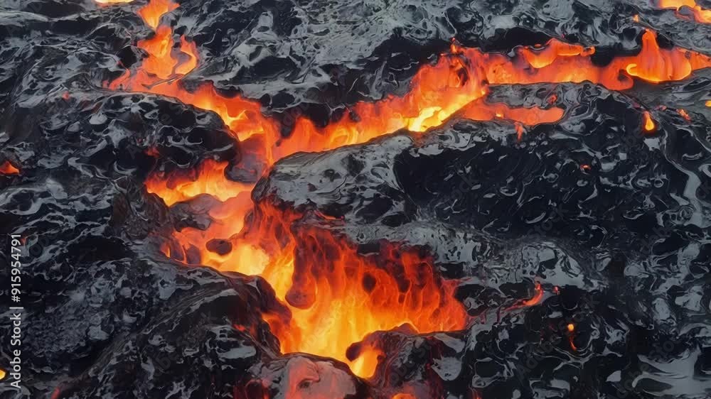 View from above as bubbles of lava push and jostle against each other like a chaotic swirling lava soup. View from above as bubbles of lava push and jostle against each other like a chaotic swirling lava soup.