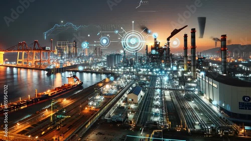 Industrial Complex at Night with Digital Overlay
