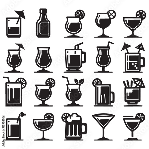 Set of icons of various black drink glasses image with white background