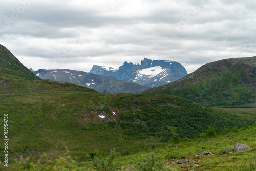 drone aerial view over Massvassbu are close to Isfjorden/Andalsnes in the fjord of Norway. Hikingtrail on a summer cold day photo