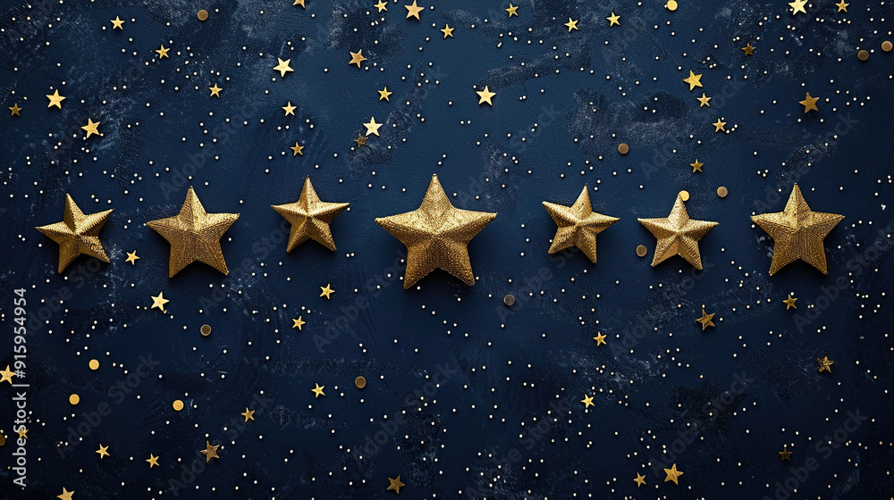 Fototapeta premium golden glitter and stars decor on dark navy blue abstract backgrounds, christmas, birthdays, presents gifts, cards , wallpapers , banners