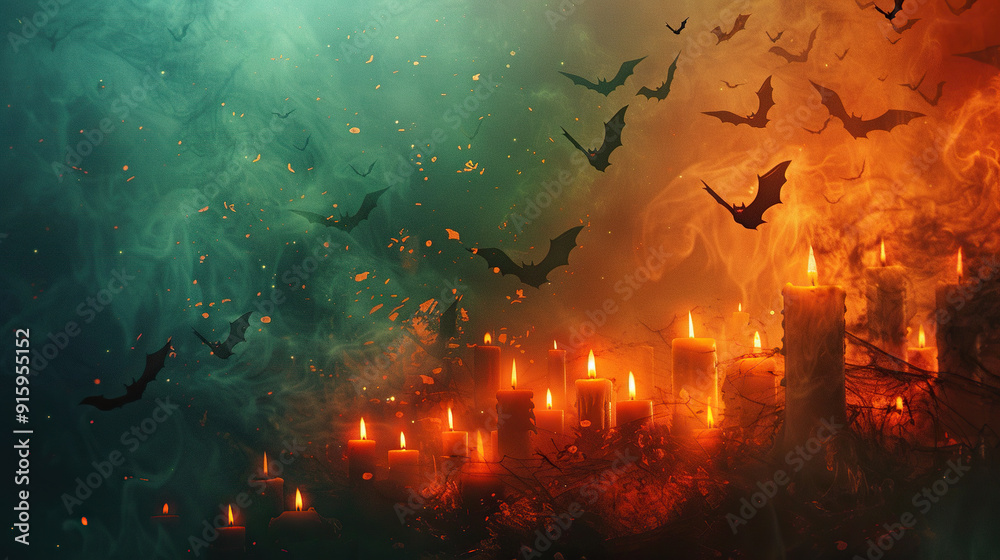 Happy Halloween decorative abstract background with scary orange candles burning and black bats flying over , space for text. banner, cards, billboards,wall decor Happy Halloween decorative abstract background with scary orange candles burning and black bats flying over , space for text. banner, cards, billboards,wall decor
