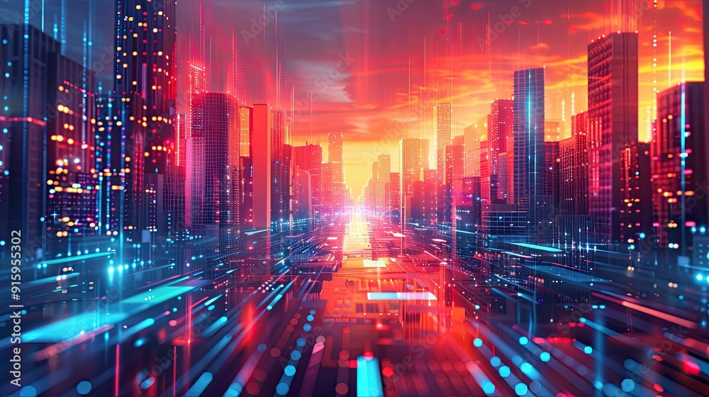 Fototapeta premium Abstract image depicting a futuristic cityscape with layered, transparent buildings bathed in warm sunlight, symbolizing urban growth and innovation.