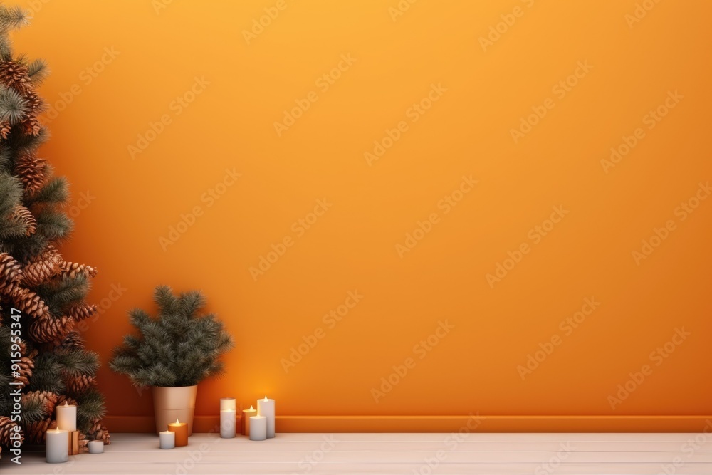 Fototapeta premium bright orange background. place for text. christmas. new year. christmas green tree. postcard. background. banner