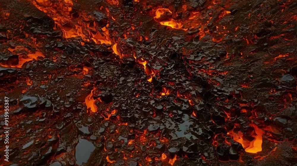 The camera zooms in on a section of a lava flow revealing a mesmerizing array of tiny bubbles and intricate lines etched into the hardened surface a testament to the intense heat The camera zooms in on a section of a lava flow revealing a mesmerizing array of tiny bubbles and intricate lines etched into the hardened surface a testament to the intense heat