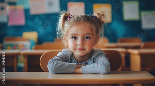 a smiling schoolgirl with pigtails sits at a desk with her hands folded on top of each other against the backdrop of the classroom photo