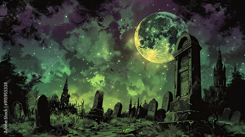 Happy Halloween decorative abstract background with orange and green purple scary night and bats and trees silhoutte in graveyard , horror banner, cards, billboards,wall decor