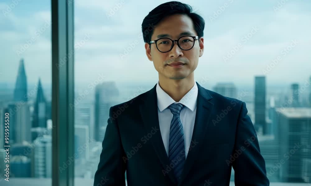 asian businessman in eyeglasses standing with hands in pockets at office asian businessman in eyeglasses standing with hands in pockets at office