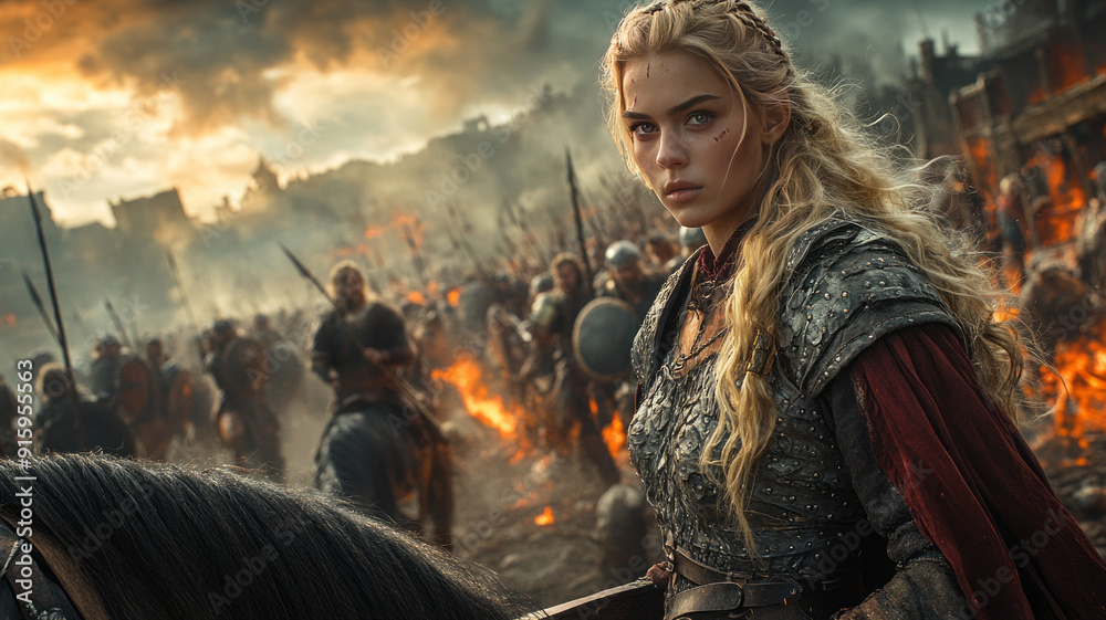Warrior princess on armored horse, spear ready, amidst chaotic battle.generative ai Warrior princess on armored horse, spear ready, amidst chaotic battle.generative ai