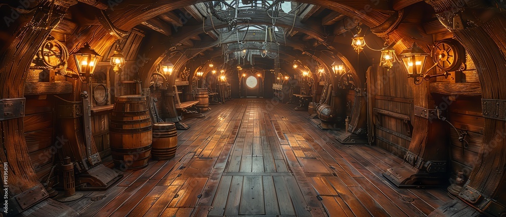 Naklejka premium Dimly lit pirate ships lower deck, detailed wooden interiors with lanterns casting a warm glow