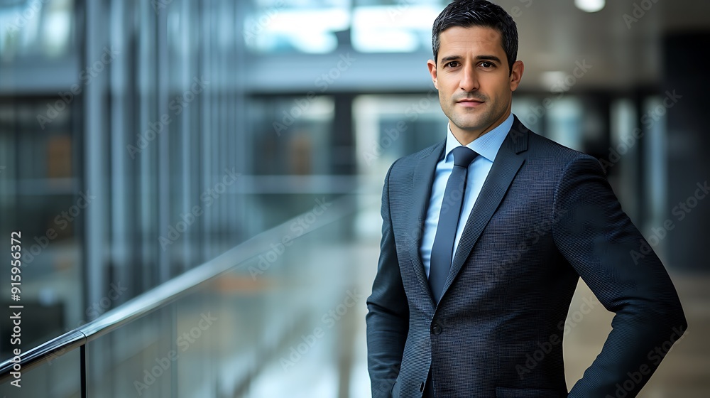 Professional stock photo of a male executive, sharp suit, dynamic office environment, exuding leadership Professional stock photo of a male executive, sharp suit, dynamic office environment, exuding leadership