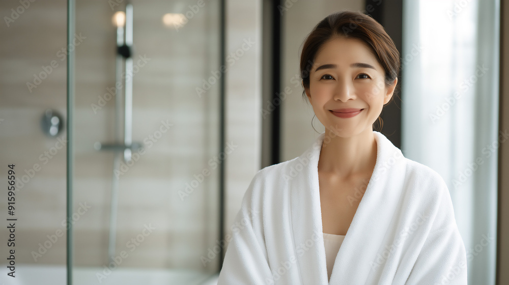 Mature Asian woman in white bathrobe doing daily self care, copy space Mature Asian woman in white bathrobe doing daily self care, copy space