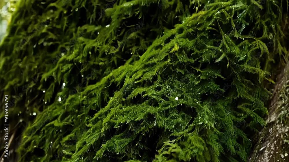 The fuzzy tendrils of emerald green moss cascade down the side of a tree giving it a soft and whimsical appearance. The fuzzy tendrils of emerald green moss cascade down the side of a tree giving it a soft and whimsical appearance.