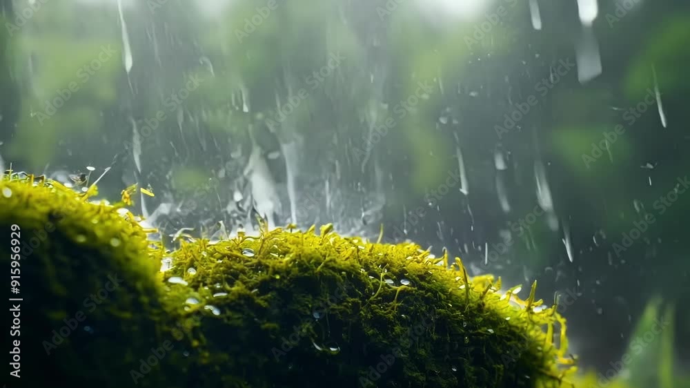 Footage of a gentle ra falling on moss causing the spores to burst open and ter in all directions.