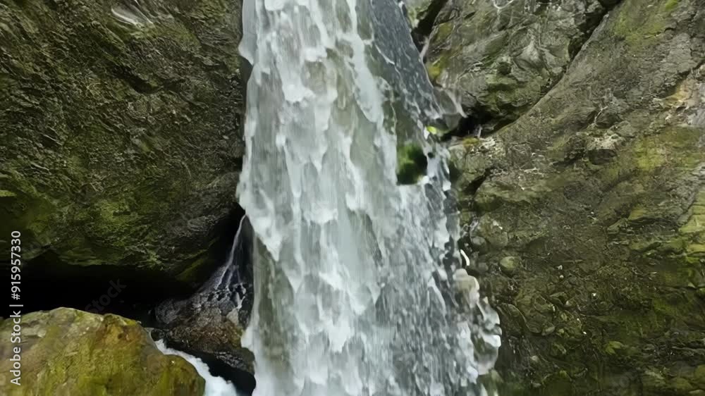 Closeup footage of a waterfall cascading over layers of rock creating a beautiful contrast of smooth and jagged textures.