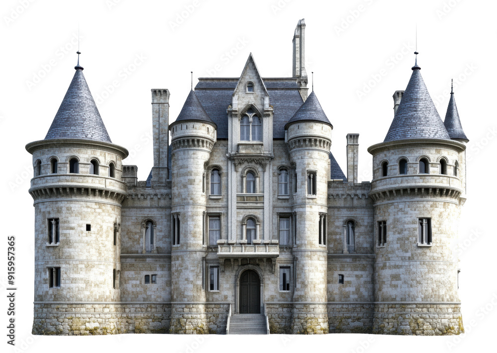 Fototapeta premium Historical stone castle with turrets and towers, cut out - stock png.