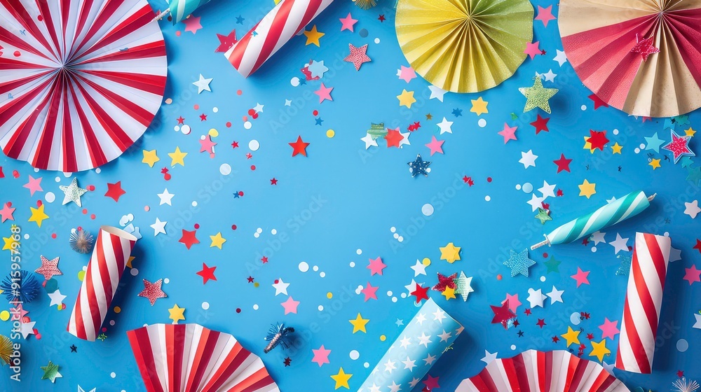 Obraz premium Blue background with red, white and blue confetti, stars, and paper fans.