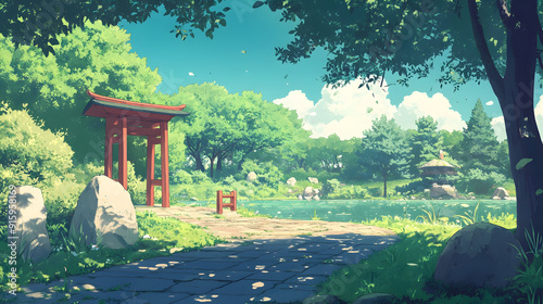 Anime park background, stylized, background Stock Illustration