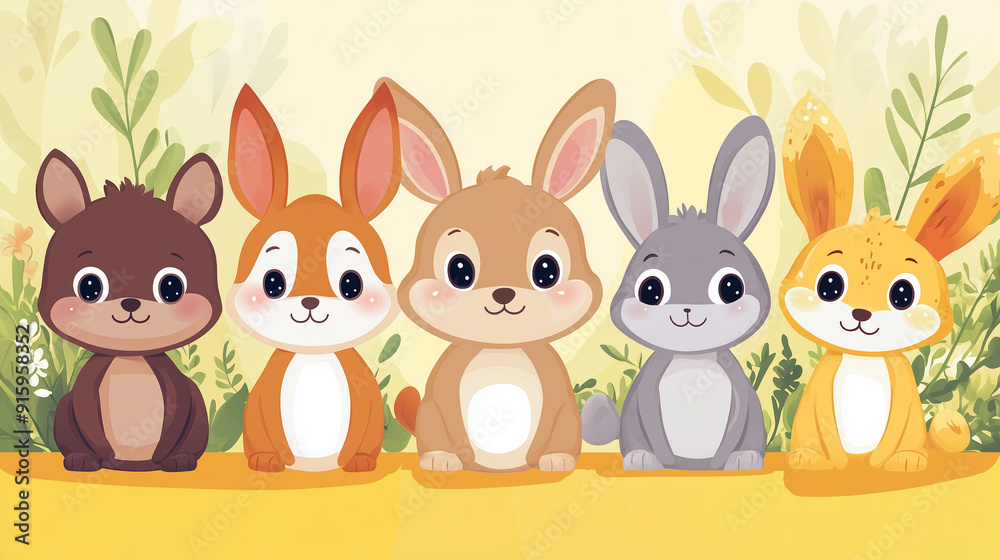 Cute Cartoon Bunnies in a Row with Nature Background, Perfect for Easter Cute Cartoon Bunnies in a Row with Nature Background, Perfect for Easter