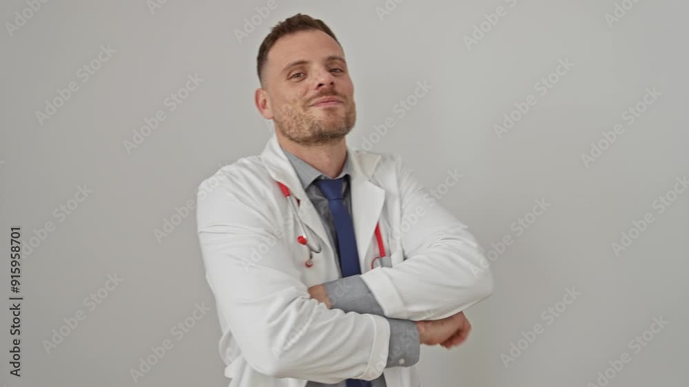Confident male doctor with beard smiling in lab coat, stethoscope, and tie standing against a white wall. Confident male doctor with beard smiling in lab coat, stethoscope, and tie standing against a white wall.