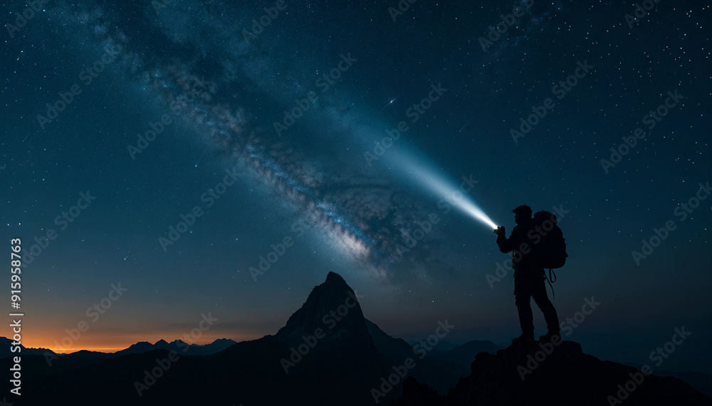 Fototapeta premium A solitary climber at a mountain summit holds a flashlight that pierces the darkness, illuminating the Milky Way and creating a striking silhouette against the cosmic backdrop.