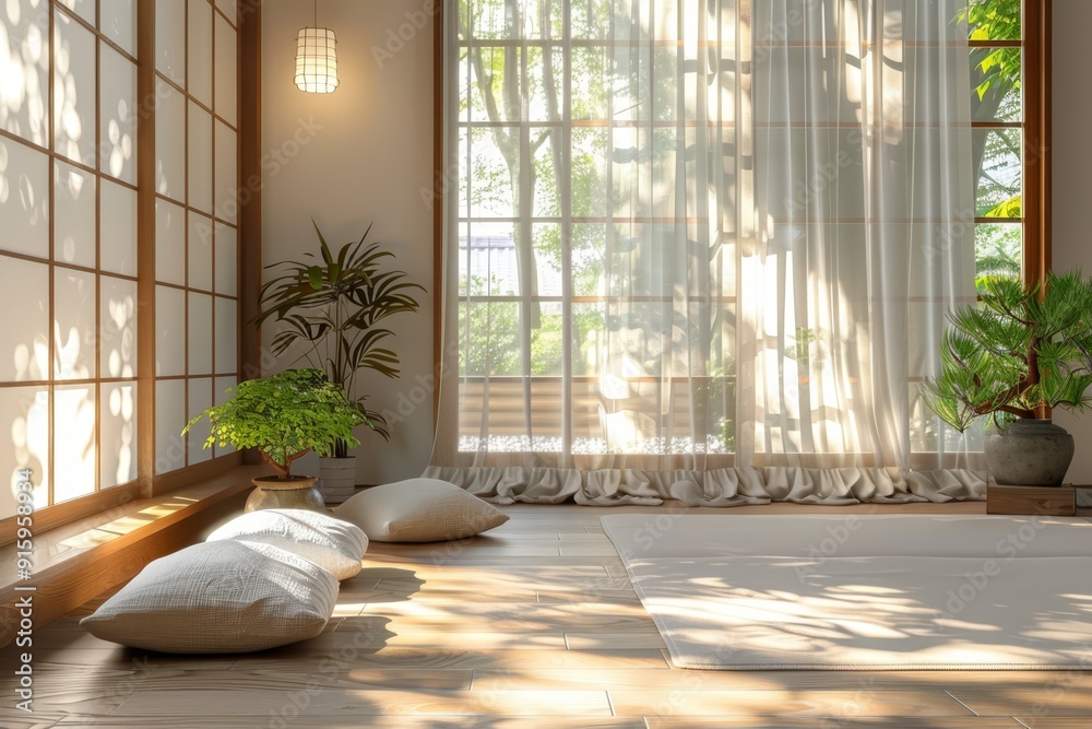 A sunlit Zen meditation room featuring soft cushions, sheer curtains, and lush greenery creating a serene and calming atmosphere.. A sunlit Zen meditation room featuring soft cushions, sheer curtains, and lush greenery creating a serene and calming atmosphere..