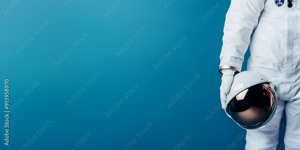 Astronaut holding helmet web banner. Astronaut in space suit holding ...